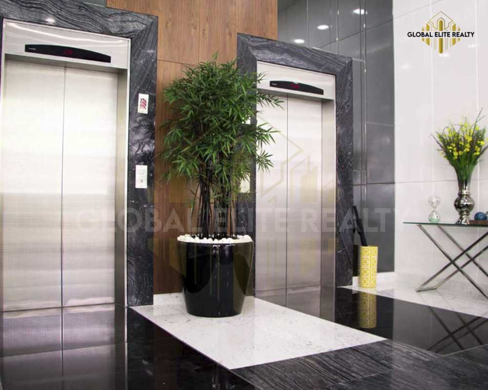 Lobby area with elevators and modern design Vista Hermosa Tower in Panama