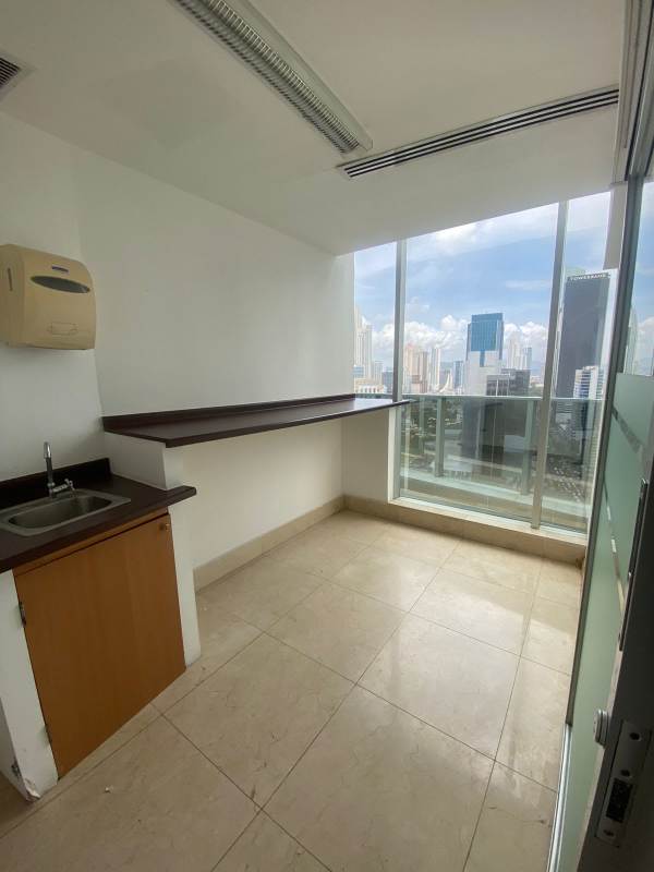 Office kitchenette with granite counter, large window, skyline views Bella Vista Panama