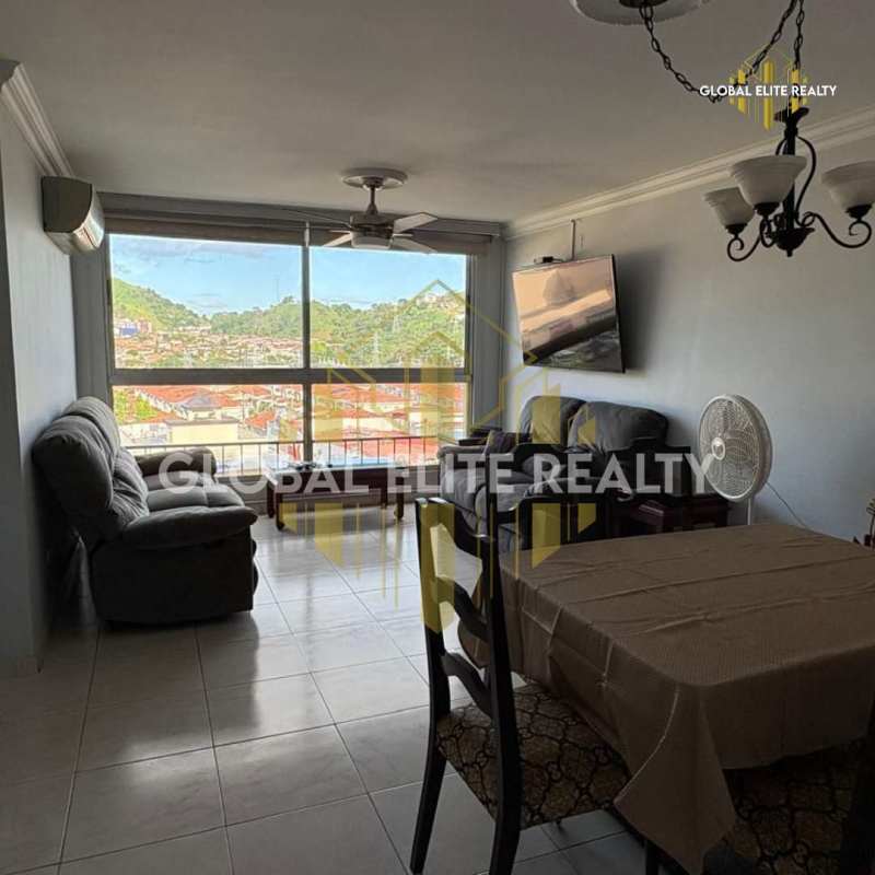 Bright furnished living-dining area with city view balcony Condado del Rey Panama City