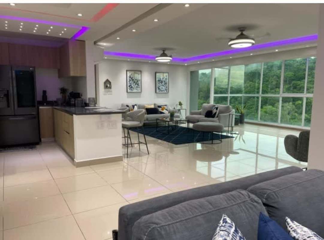 Modern bedroom with workspace area large windows apartment rent Clayoton PH Albrook Point Panama City