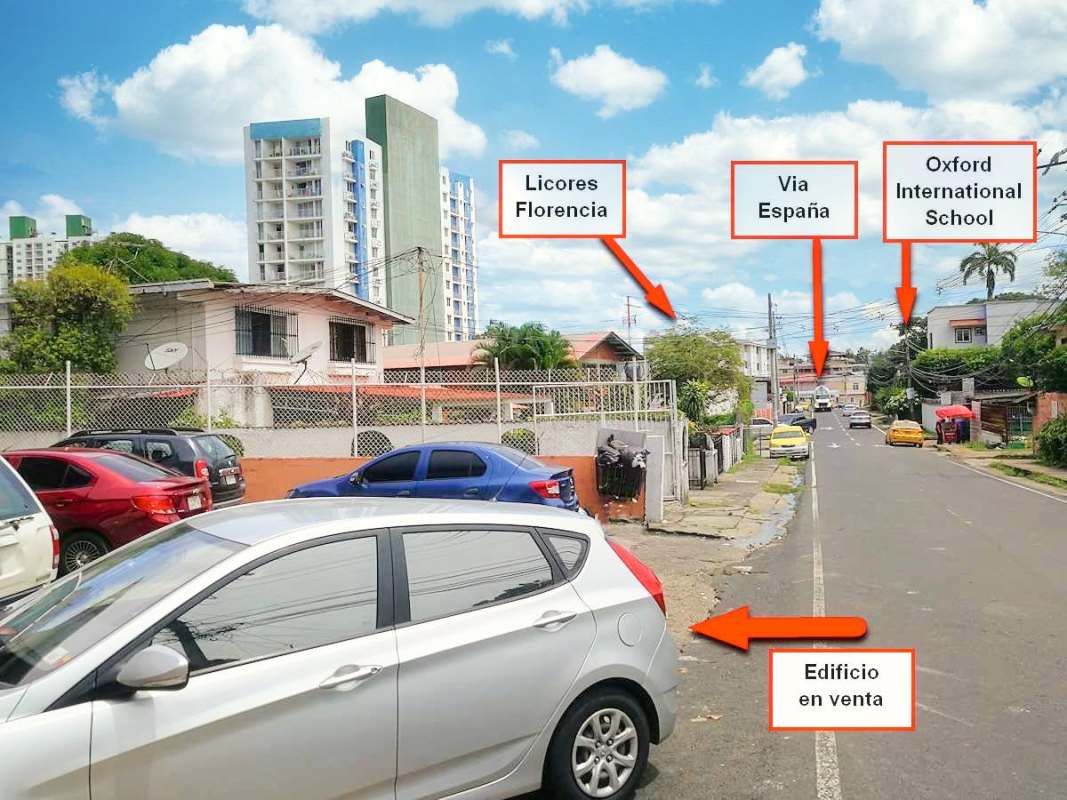 Street view with building, parked cars, nearby amenities Carrasquilla near Parque Omar Panama