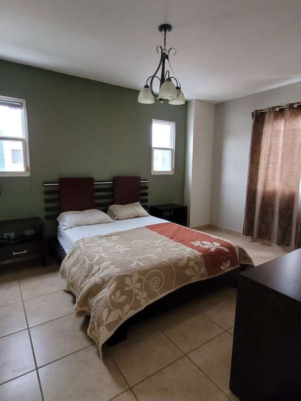 Bedroom with double bed, accent wall, curtains, and two windows in duplex for rent Brisas del Golf Panama