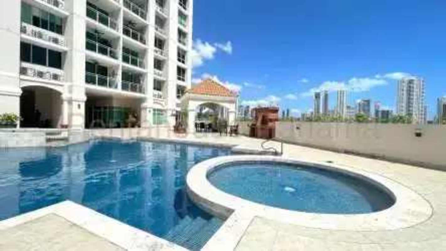 Modern bathroom with ceramic tiles, pedestal sink, glass shower in PH San Francisco Bay Tower