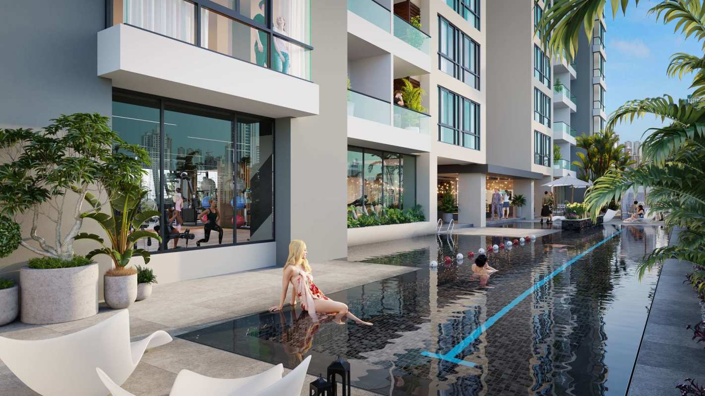 Lobby space with greenery, water feature in LOV El Cangrejo tower Panama City