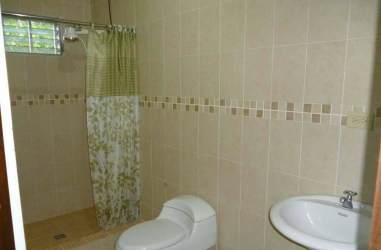 Contemporary bathroom with walk-in shower, decorative tiles, modern fixtures rental David Panama