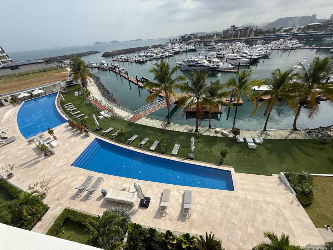 Aerial shot with private marina, swimming pools, landscaped gardens on Ocean Reef Islands Panama