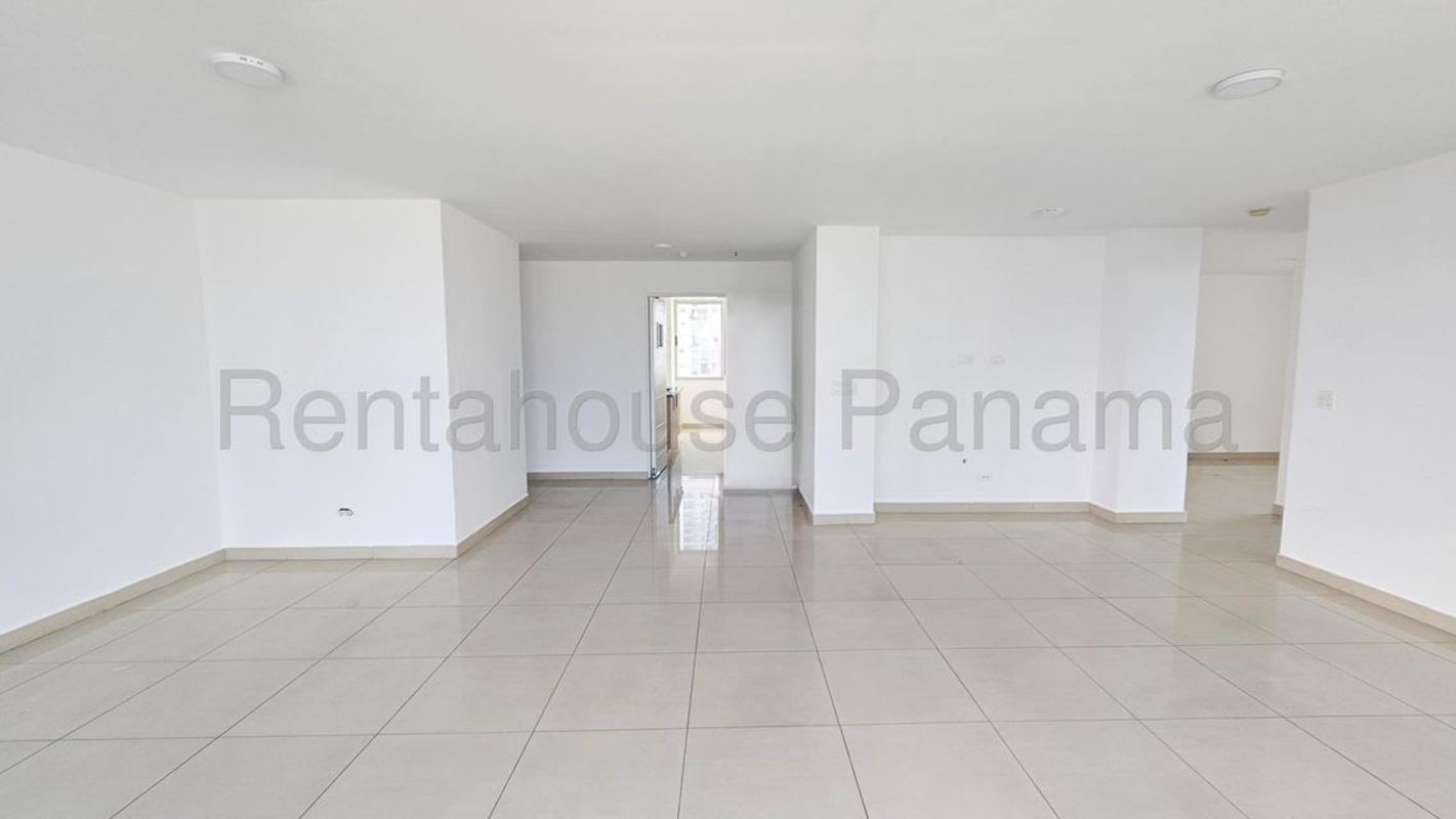 Modern bathroom with double granite vanity large mirror and glass shower Costa del Este Panama apartment