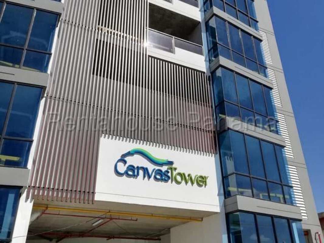 Facade of Canvas Tower with balcony glass railings Parque Lefevre Panama City