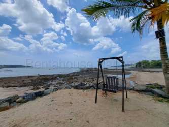 Beachfront with palm trees and sandy shoreline near Vista Alegre residential community Panama