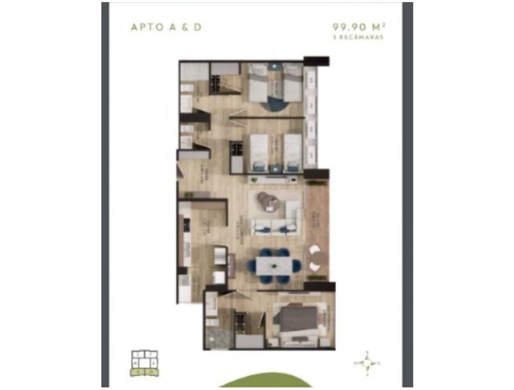 Floor plan of new 2-bedroom 2-bathroom apartment at PH King's Park in Panama City with balcony