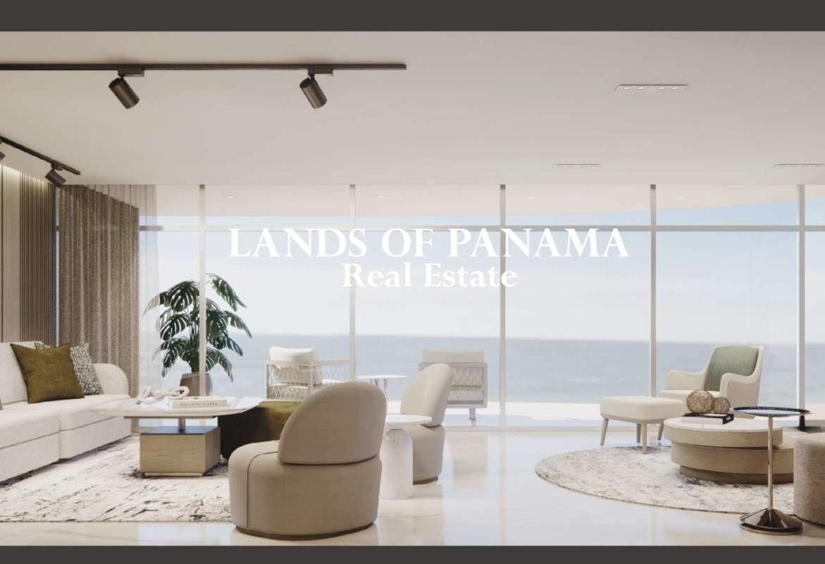 Modern living room with panoramic ocean views through floor-to-ceiling windows at PH Allure Punta Pacifica Panama
