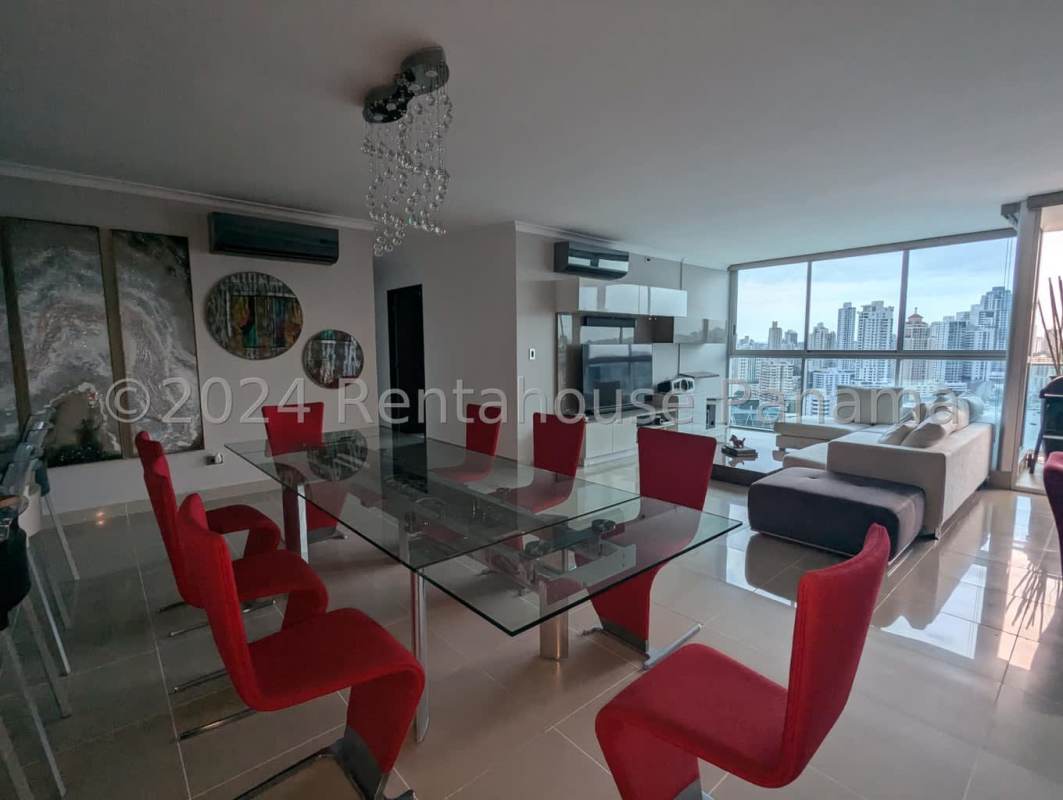 Large apartment balcony overlooking Panama City skyline at PH Waterfalls San Francisco