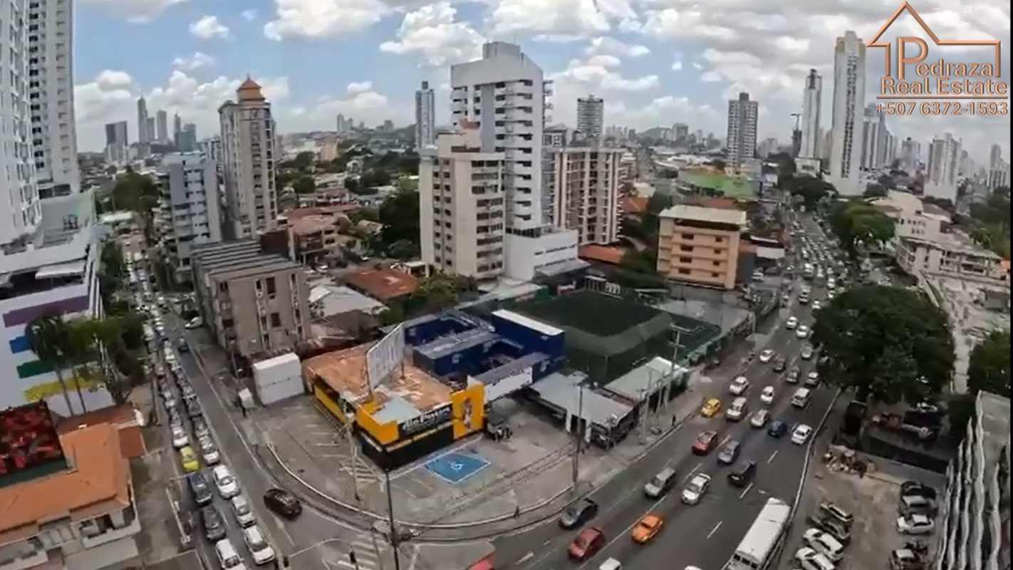 Aerial photo showing commercial intersection of Via España and Av. Porras with commercial building and traffic Panama City