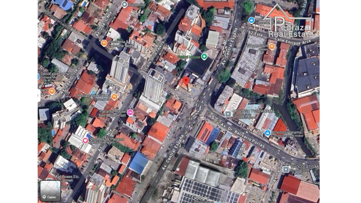 City block aerial view featuring commercial corner with streets Via España and Av. Porras Panama