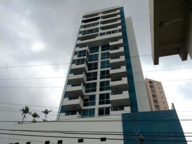 Blue and white high-rise residential PH Miraflores Tower with balconies in Betania Panama