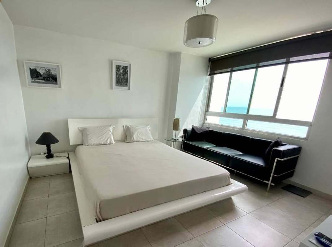 Master bedroom with panoramic sea views modern apartment Punta Pacifica Panama