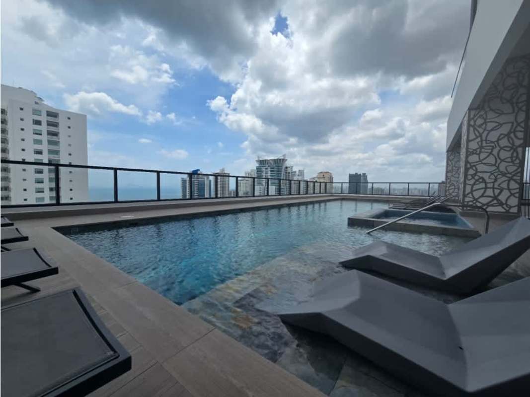 Infinity pool on rooftop with panoramic skyline ocean views PH Arcadia Costa del Este Panama