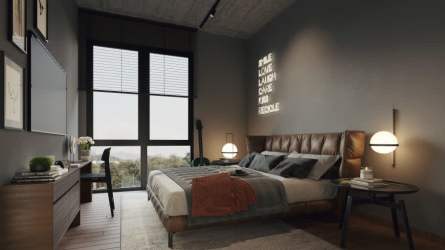 Modern bedroom with large windows, natural light in PH Centriqo Panama Pacifico project