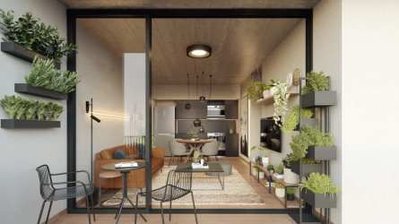 Contemporary apartment interior open-plan with balcony sliding door at PH Centriqo Panama