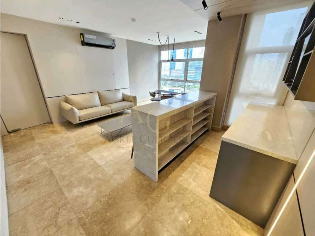 Master bedroom with large windows, ocean views, and marble finishes in PH Q Tower Punta Pacifica