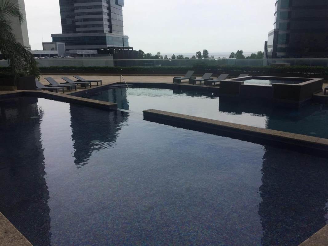 Balcony with panoramic skyline and ocean views at PH Country Club Costa del Este Panama apartment