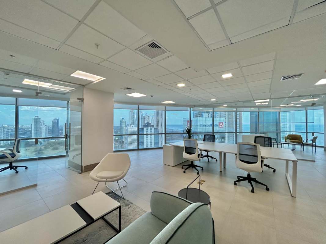 Meeting room with large windows and city skyline view in Financial Park building Costa del Este Panama