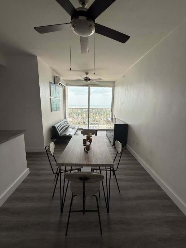 Contemporary kitchen equipped stainless appliances, open shelving in PH Vista Hermosa Tower Obarrio Panama City