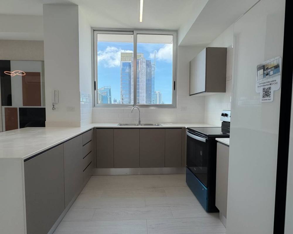 City view kitchen with modern appliances and large windows PH Park Tower in Obarrio Panama