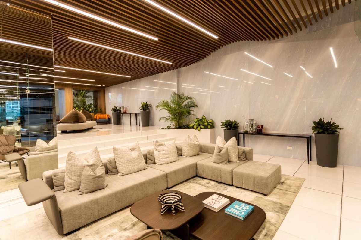 Modern dining and living space featuring panoramic views in Ocean Front condominium Punta Paitilla Panama