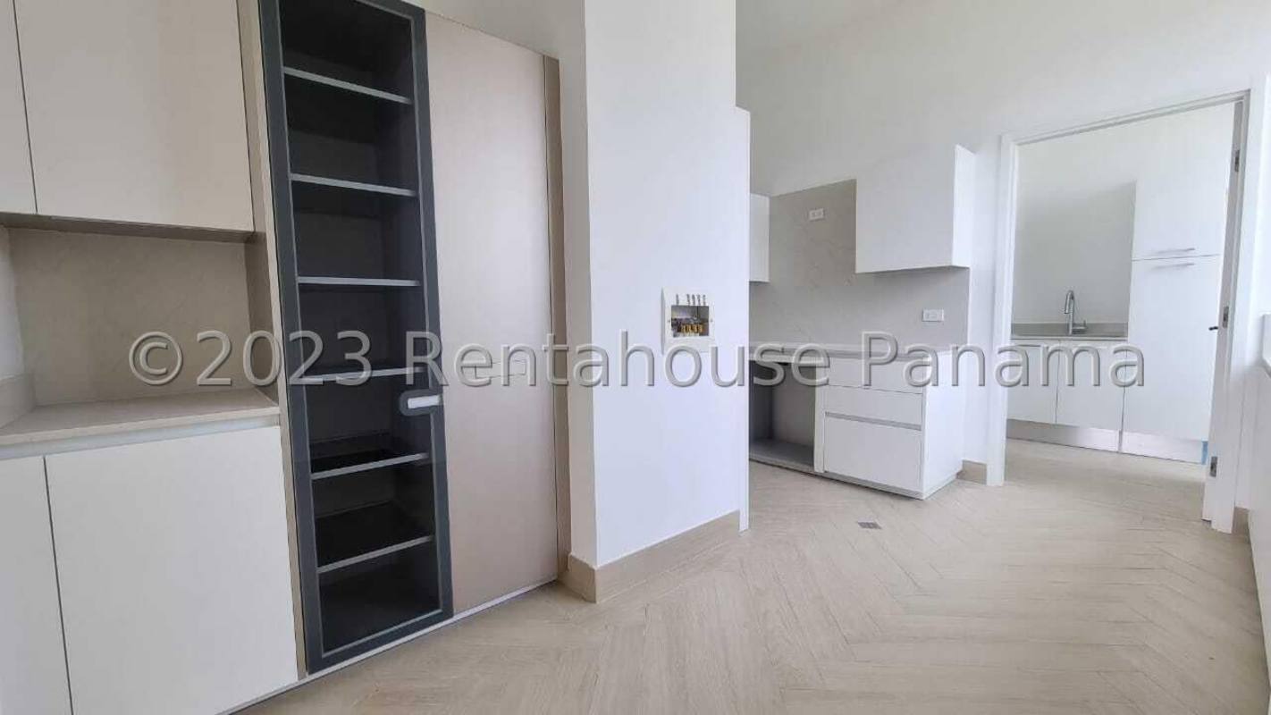 Elegant bathroom with glass shower and double sink vanity Ocean Reef apartment Punta Pacifica Panama