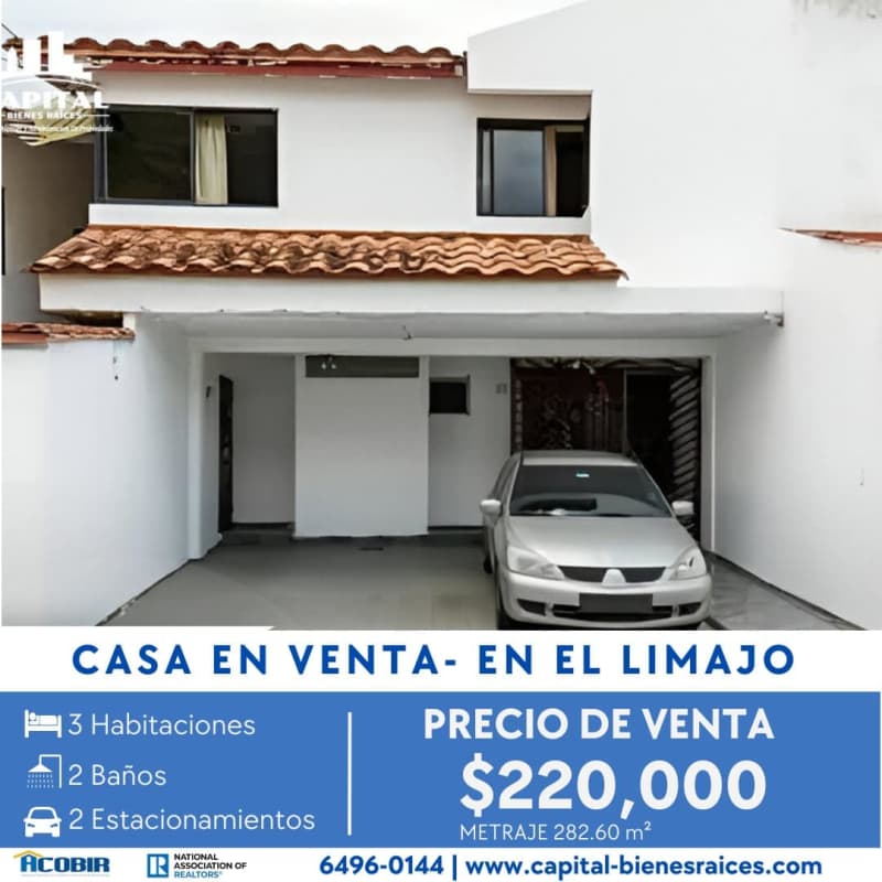 Exterior of two-level house with terracotta roof, white walls, covered driveway in El Limajo Panama City