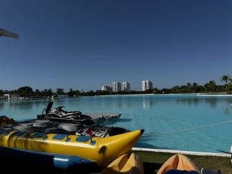 Aerial view of crystal clear lagoon pool at Playa Blanca with water recreation
