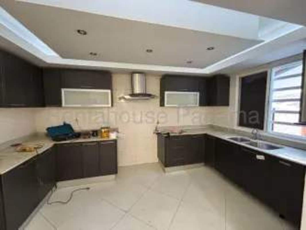 Modern kitchen black cabinetry stainless appliances large windows double sink Panama