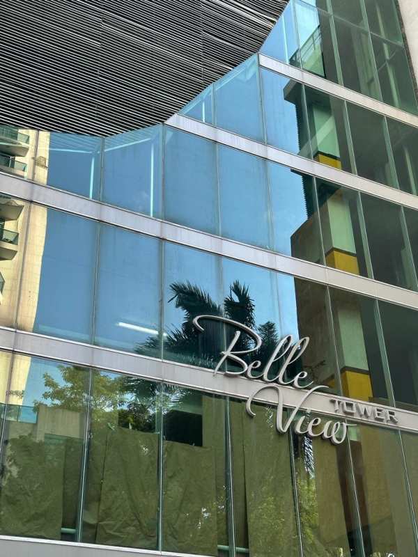 Bright bathroom with glass shower, large mirror, storage cabinet in PH Belle View Bella Vista Panama for sale