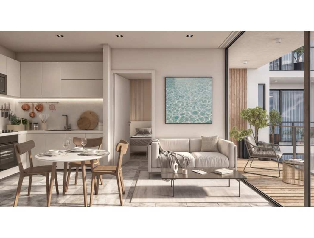 Modern open plan living room with designer kitchen at AWA by LIVING Panama