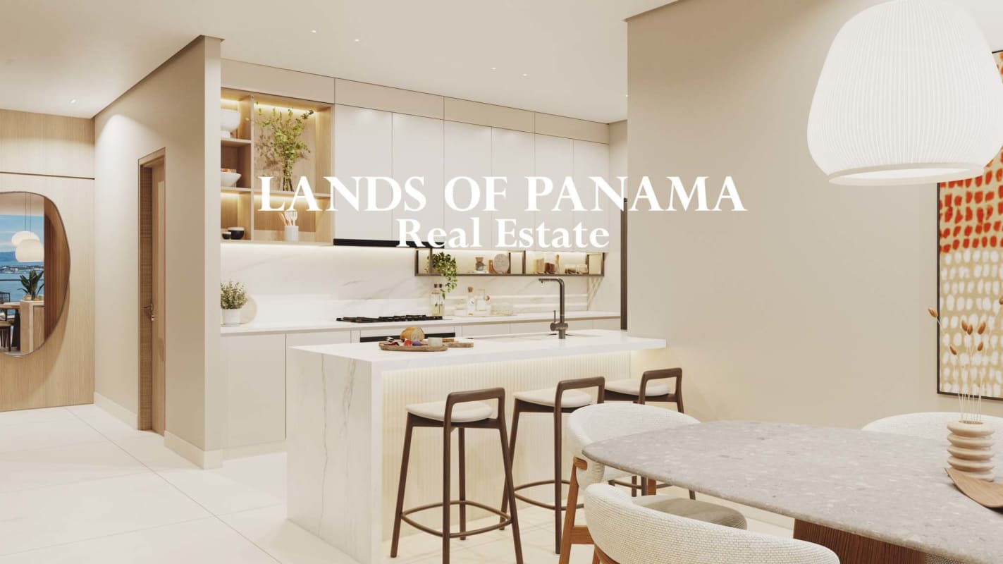 Bright kitchen with marble island and dining area in PH Costanera Acqua Bella Vista Panama