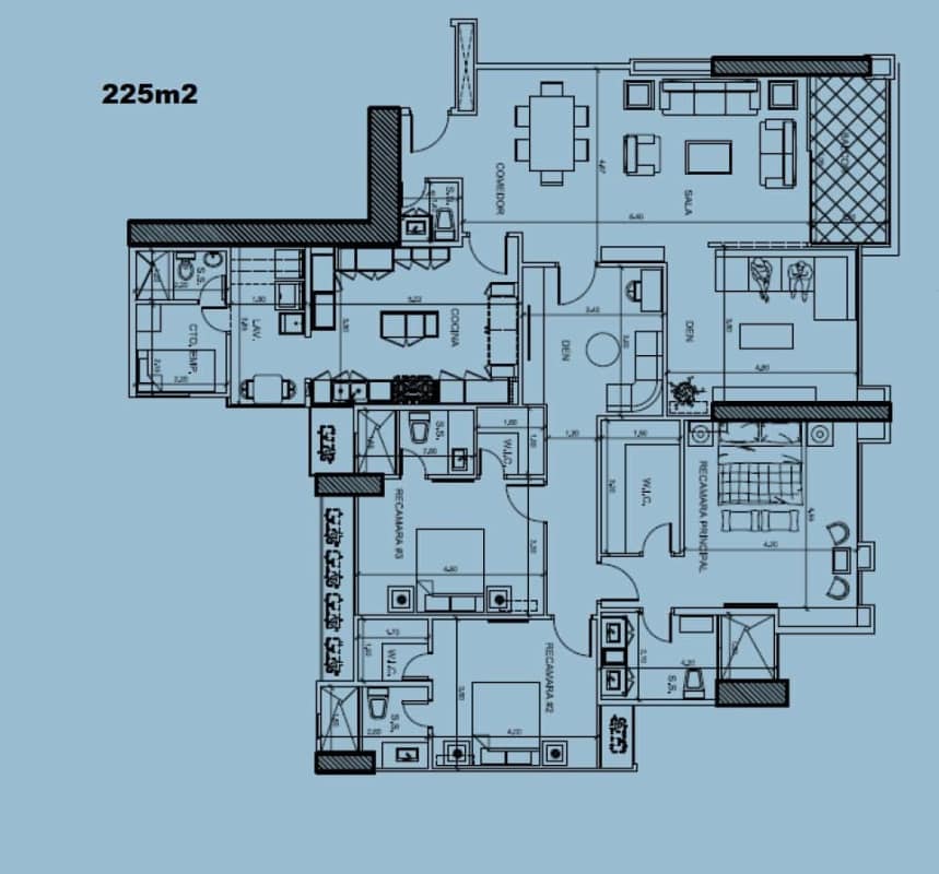 Open living and dining room with panoramic glass and marble floors Santa Maria Panama