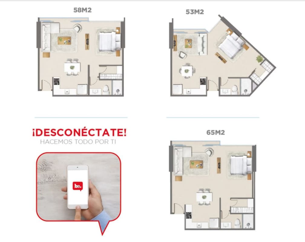 One bedroom fully furnished condo floor plan 53 58 65 m2 at Generation Tower Panama