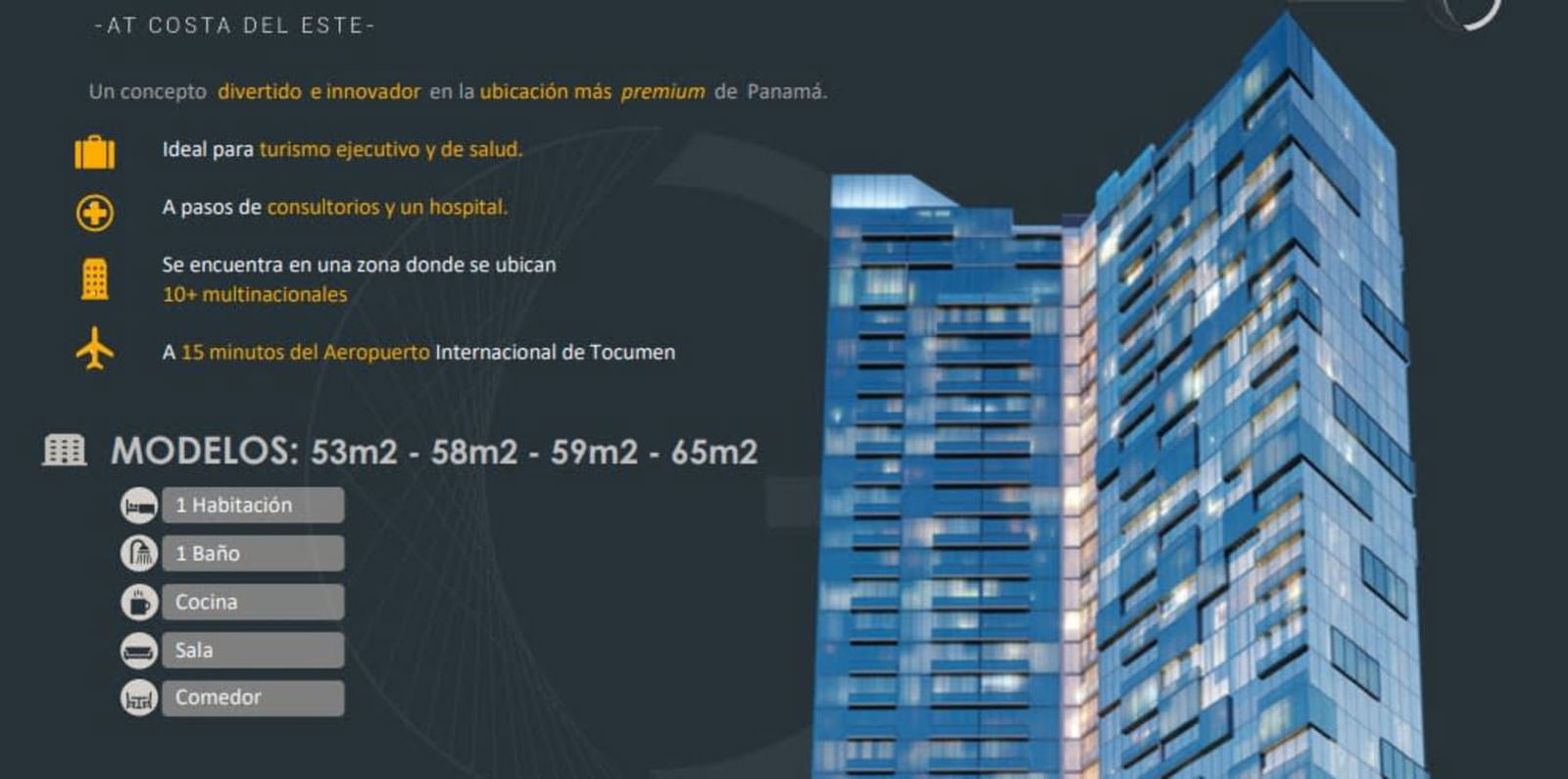 Illuminated glass facade of Generation Tower at night in Costa del Este Panama