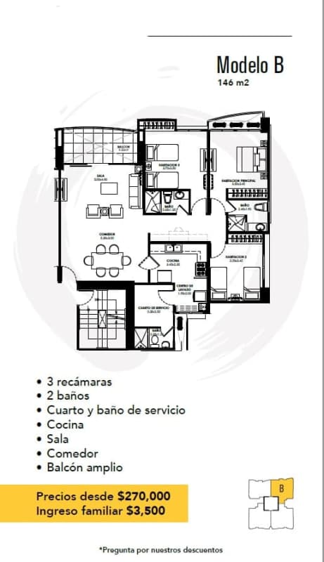 Three bedroom apartment with spacious balcony and service room 151sqm at PH Villa de las Fuentes