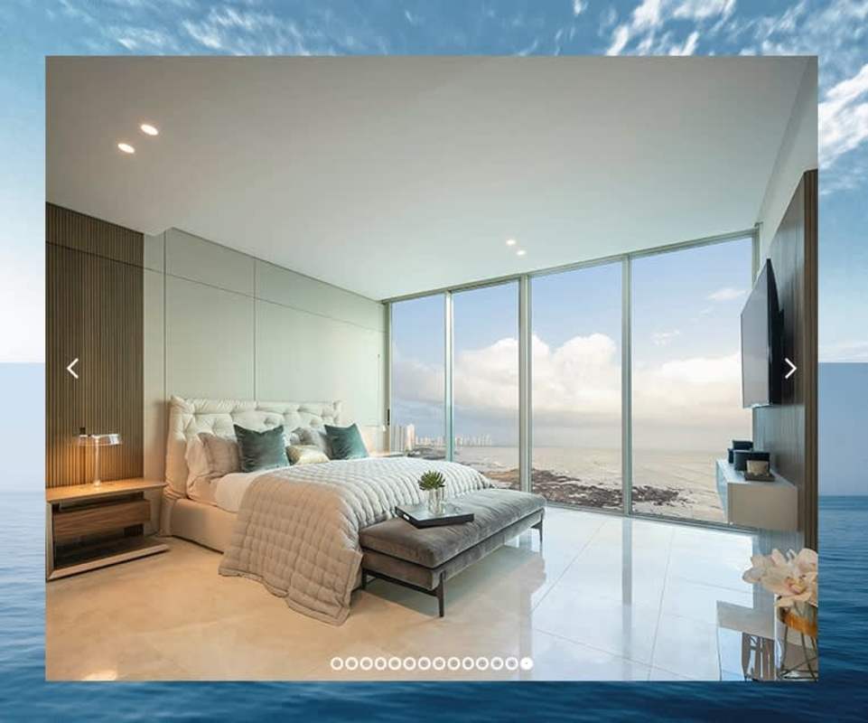 Bedroom with ocean skyline views in luxury condo Punta Pacifica Panama