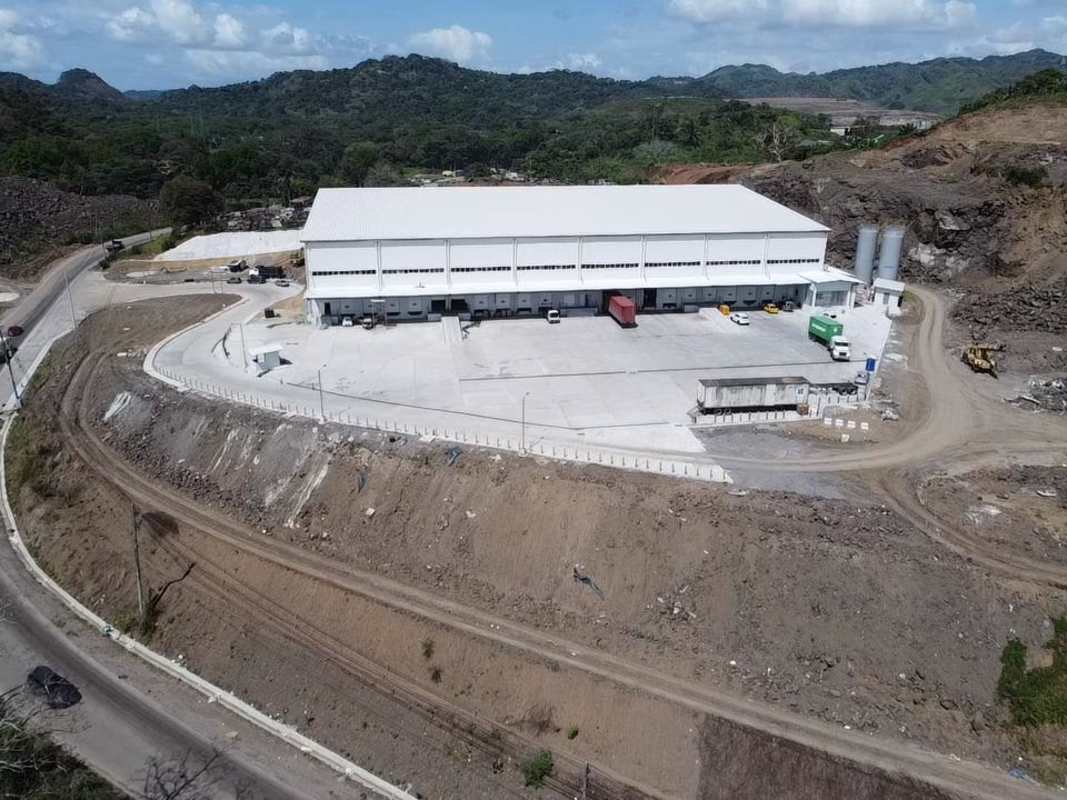 Large new logistics industrial warehouse aerial with rear parking and access area close to Tumba Muerto