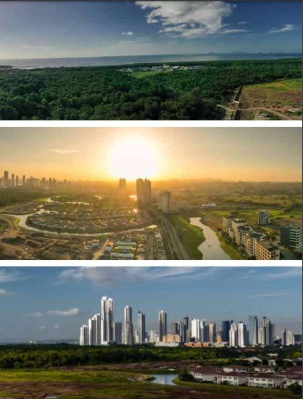 Modern kitchen with large island quartz counters in Santa Maria apartment Panama City
