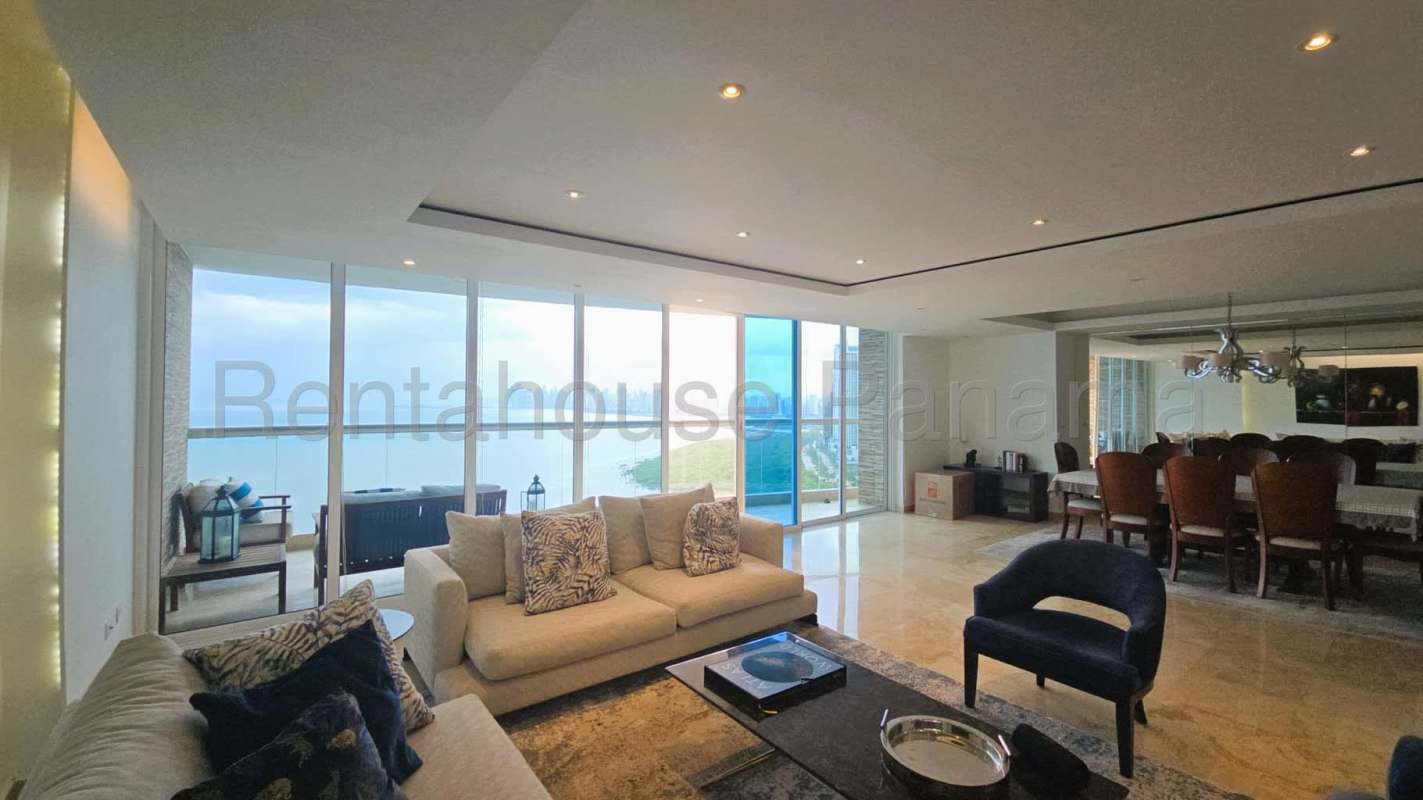 Remodeled kitchen with granite counters, stainless appliances in Costa del Este luxury apartment