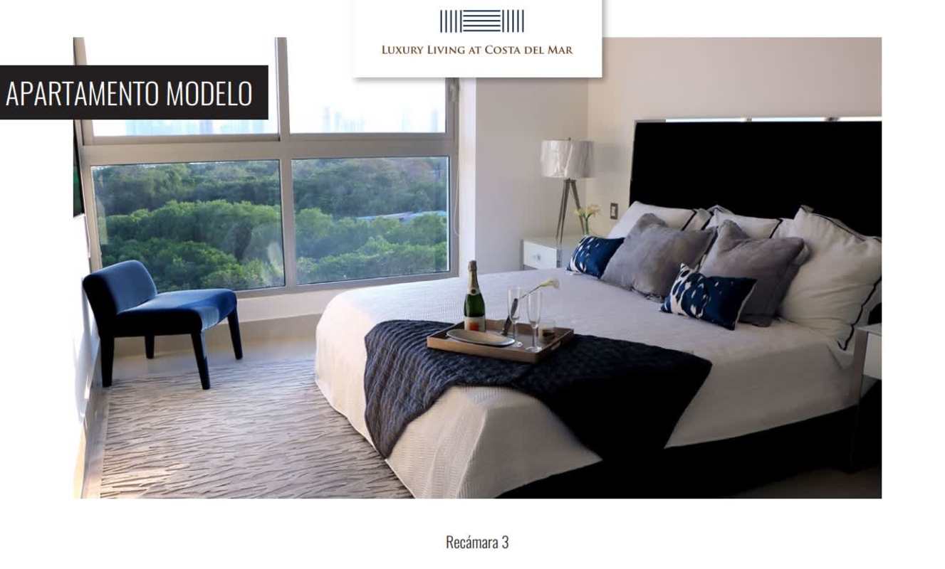 Spacious bedroom with floor-to-ceiling windows and ocean view balcony in Costa del Este condo