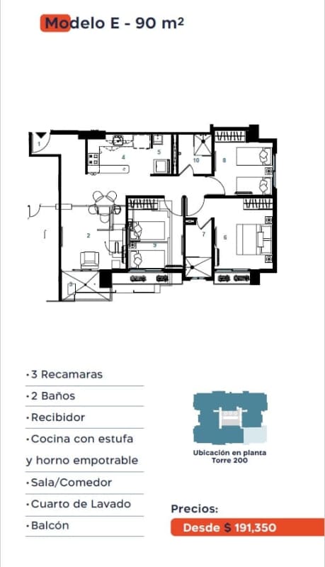 74 square meter two-bedroom, two-bathroom apartment floor plan with balcony and laundry room at PH Condado Towers in Panama