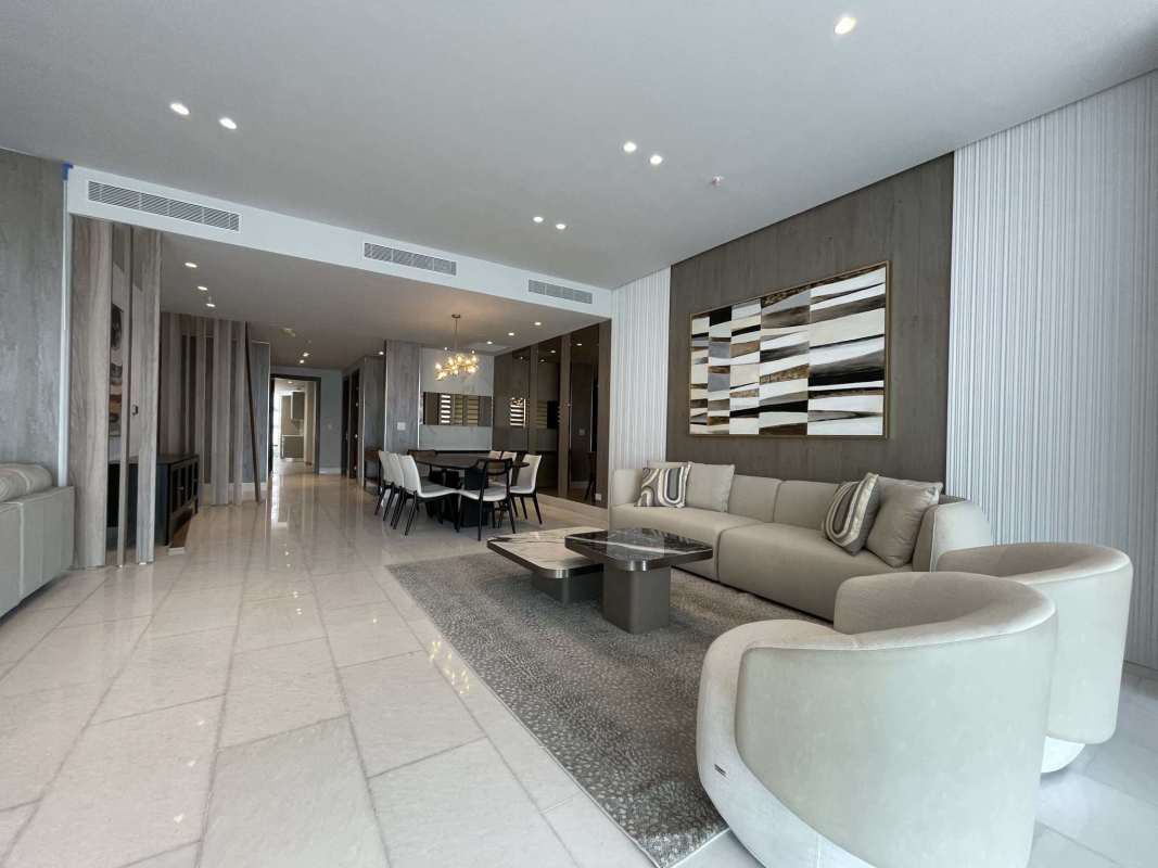 Luxury dining room with floor to ceiling windows and skyline vista at The Towers Paitilla