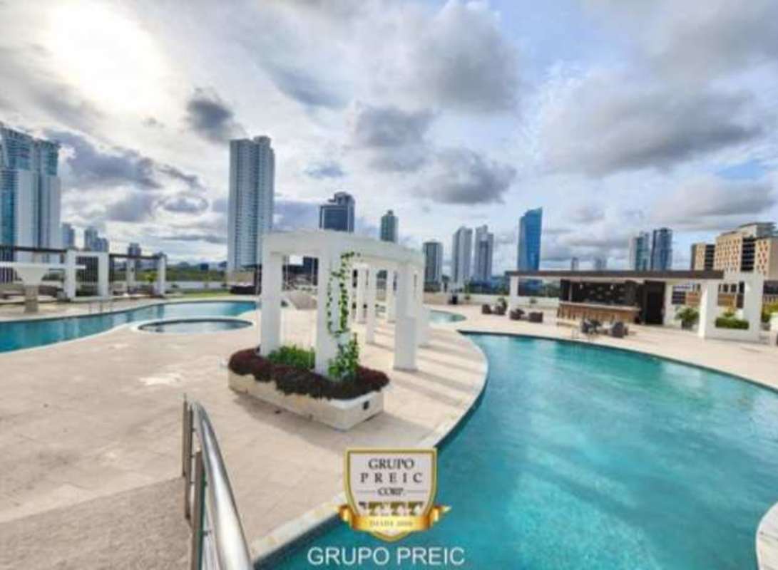 Luxury rooftop infinity pool with skyline and ocean view at PH Pearl Costa del Este Panama