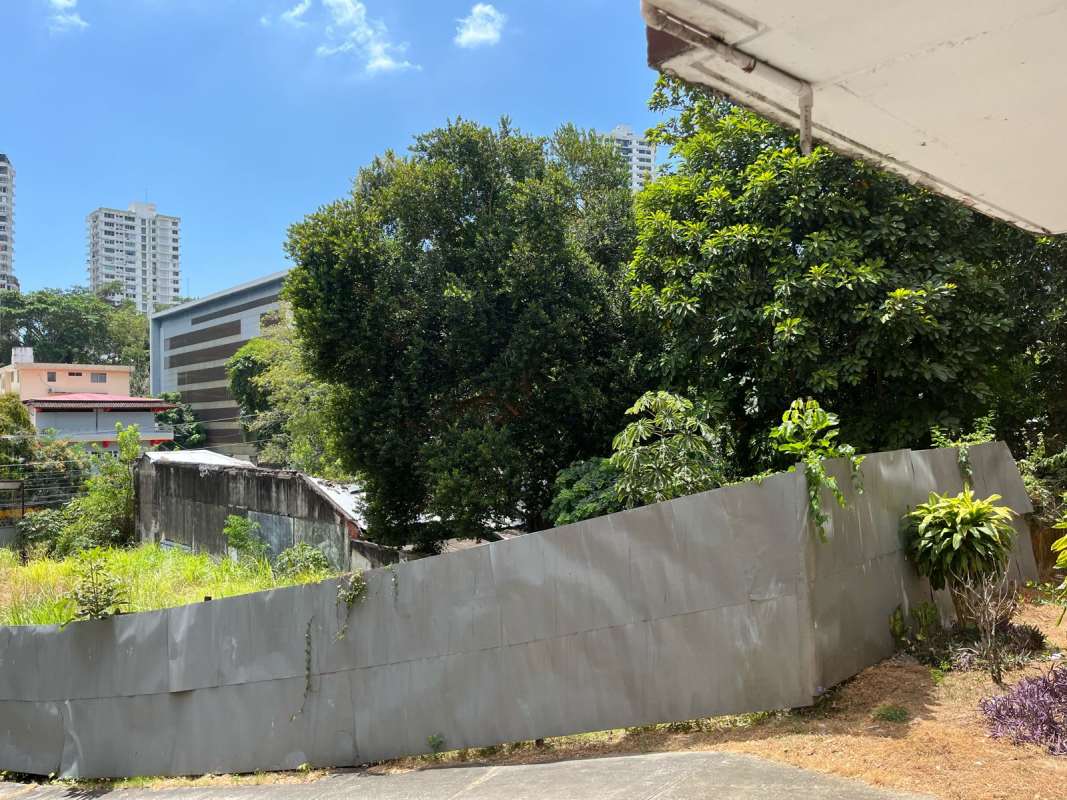 Vacant fenced urban lot with overgrown plants and mature trees perfect for development near university Panama City