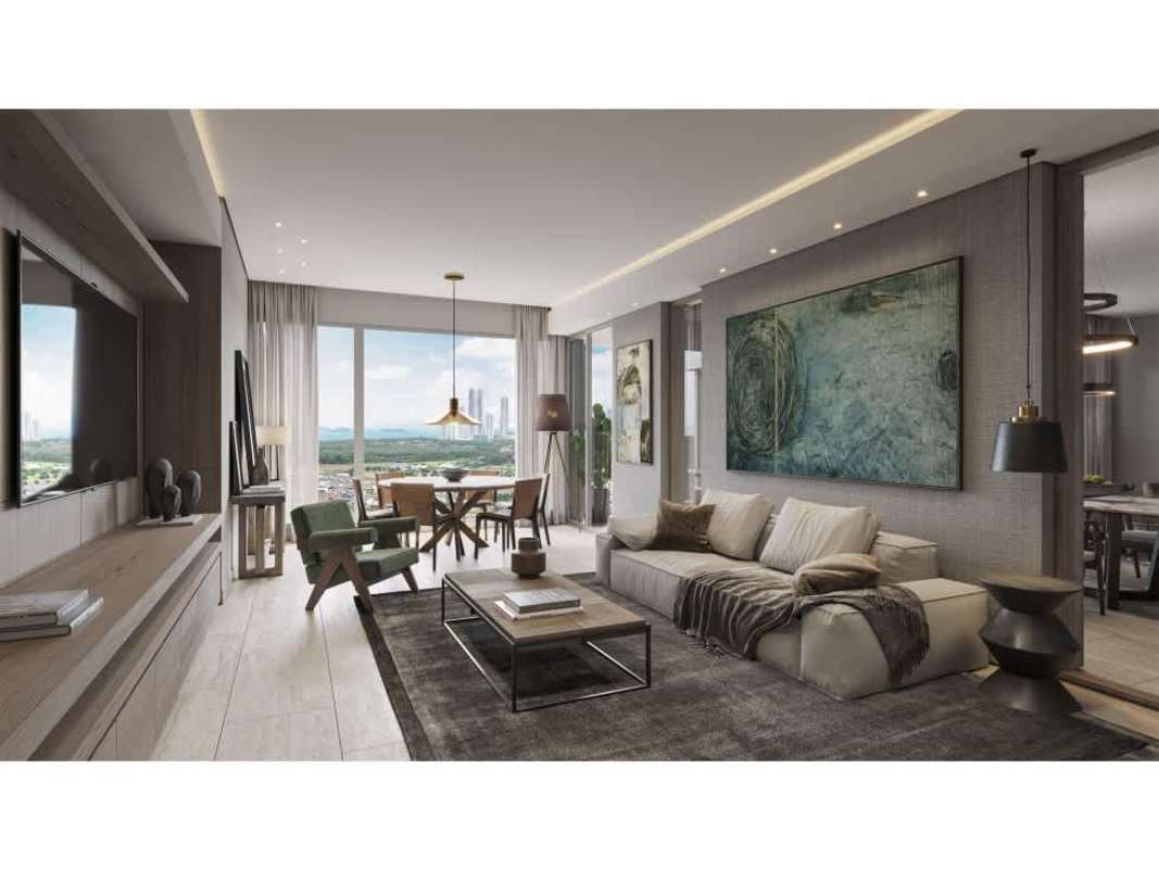 Elegant modern lobby entrance of PH Guayacan with high ceilings and designer finishes in Santa Maria Panama